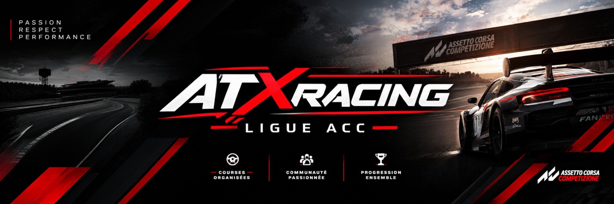 Bannière ATX Racing Ligue ACC : Passion, Respect, Performance, voiture GT3 et engagements Courses organisées, Communauté passionnée, Progression ensemble